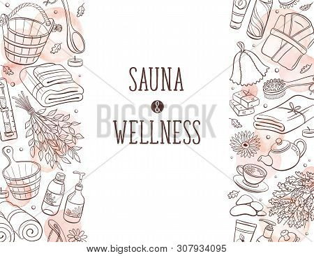 Sauna And Wellness. Sauna Accessories Sketches In Vertical Line Composition. Hand Drawn Spa Items Co