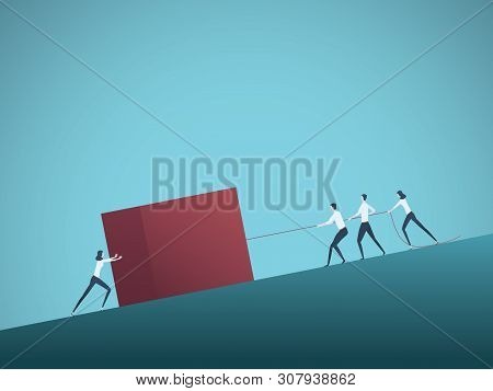 Business Teamwork Vector Concept With Business People Pushing Cube Uphill. Symbol Of Team Effort, St