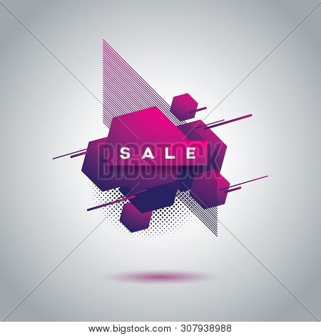 Modern Sale Banner Template With Geometric 3d Background And Gradient Colors. Shopping Promotional B