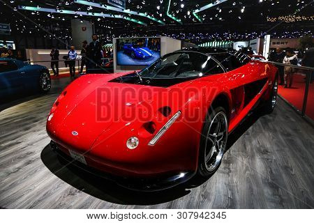 Geneva, Switzerland - March 10, 2019: Red Concept Car Sbarro Gtc Presented At The Annual Geneva Inte