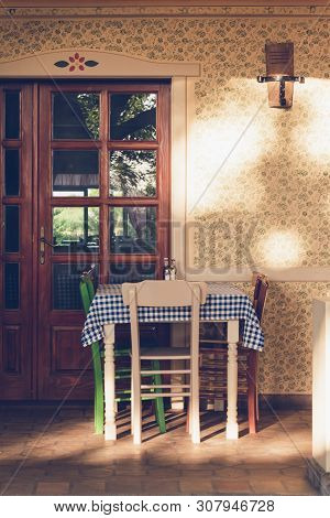 Old Vintage House With Dining Table. Dinner In Vacation. Dining Room In Old House. Vintage Dining Ro