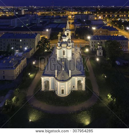 Night Panoramic Cityscape With Saint Sampsons Cathedral, Oldest Church In St. Petersburg, Russia.