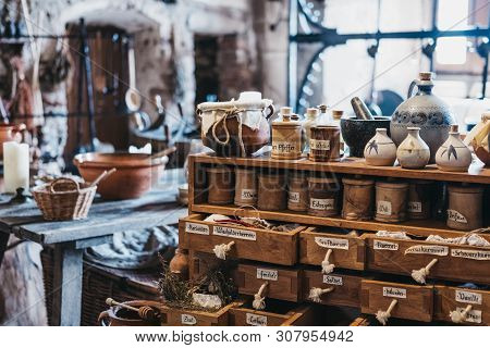 Vianden, Luxembourg - May 18, 2019: Recreated Exhibit Of Medieval Kitchen Inside Vianden Castle, Lux