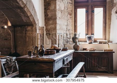 Vianden, Luxembourg - May 18, 2019: Recreated Exhibit Of Medieval Kitchen Inside Vianden Castle, Lux
