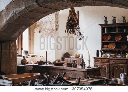 Vianden, Luxembourg - May 18, 2019: Recreated Exhibit Of Medieval Kitchen Inside Vianden Castle, Lux