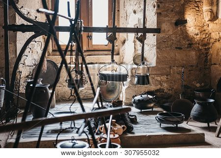 Vianden, Luxembourg - May 18, 2019: Recreated Exhibit Of Medieval Kitchen Inside Vianden Castle, Lux