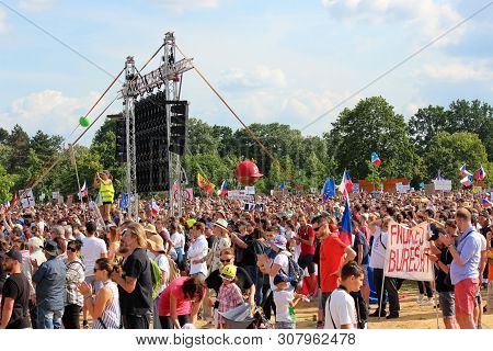 Prague, Czech Republic - June 23 2019: Crowd Of People Protests Against Prime Minister Babis And Min