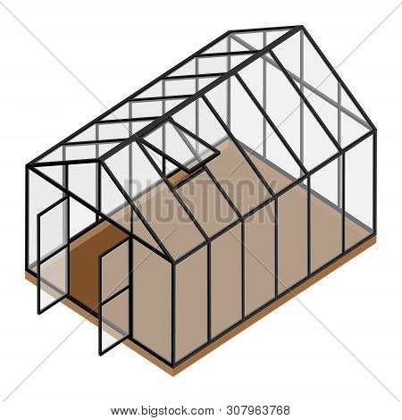 Empty Greenhouse With Opened Window And Door Isometric View Isolated On White Background. Glass Hous