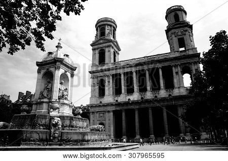 Fontaine Saint-sulpice Black And White Photo. Paris, France.