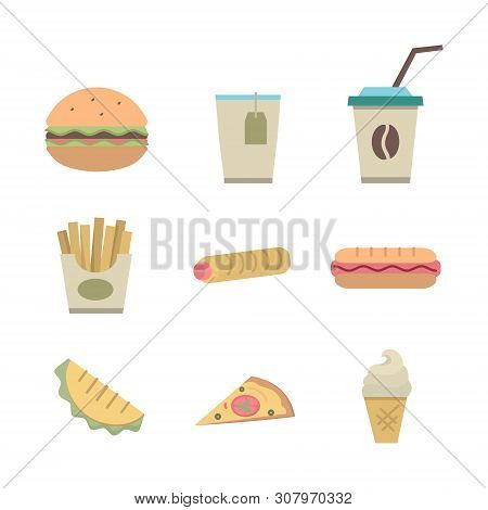 Vector Fast Food Icons Set , Sign, Symbol, Pictogram In Outline Style Isolated On A White Background