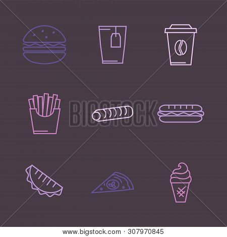 Vector Fast Food Icons Set , Sign, Symbol, Pictogram In Outline Style Isolated On A Purple Backgroun