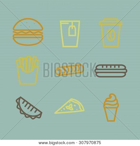 Vector Fast Food Icons Set , Sign, Symbol, Pictogram In Outline Style Isolated On A Blue Background.
