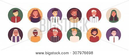 Collection Of Portraits Of Happy Male And Female Office Workers Or Employees. Bundle Of Smiling Peop