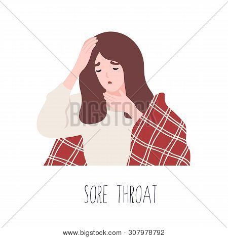 Young Girl Suffering From Sore Throat. Symptom Of Influenza, Viral Infectious Disease For Medical Di
