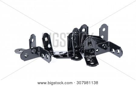 Group of  black metallic angle fixators. Mounting metal angle corners brackets isolated on white background