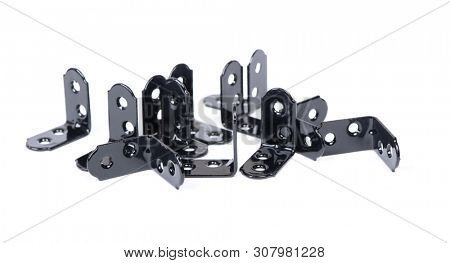 Group of  black metallic angle fixators. Mounting metal angle corners brackets isolated on white background