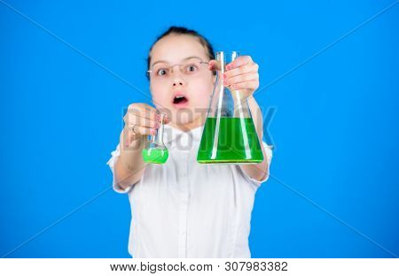 Education And Knowledge. Back To School. Child Study Bilogy Lesson. Small Smart Girl With Testing Fl