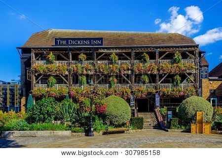 London, Uk, Sept 2018, The Dickens Inn Pub Restaurant In St Katharine Docks On A Sunny Day, England