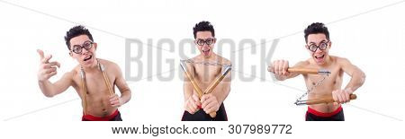 Funny guy with nunchucks on white