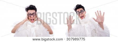 Funny man wearing in woman dress isolated on white