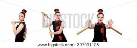 Funny woman with nunchucks isolated on white