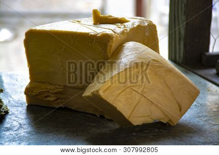 Hand Made From Natural Ingredients And Oils Soap In Blocks In Shop Close Up