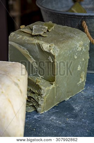 Hand Made From Natural Ingredients And Oils Soap In Blocks In Shop Close Up
