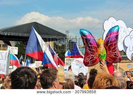 Prague, Czech Republic - June 23 2019: Crowd Of People Protests Against Prime Minister Babis And Min