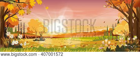 Autumn Landscapes Of Countryside In Evening Sunset With Orange And Pink Sky,morning Mid Autumn In Fa