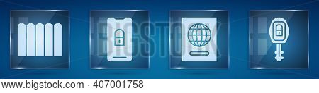 Set Garden Fence Wooden, Mobile With Closed Padlock, Passport And Car Key With Remote. Square Glass 