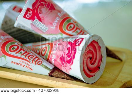 Samut Prakan, Thailand - February 7, 2021 : The New Cornetto Love Rose Comes With The Shape Of A Bea