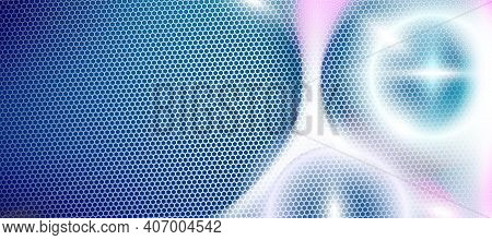 Light Blue Abstract Background Textured By Hexagons, Ufo Circle Blurred Interface With Hexs. Technol