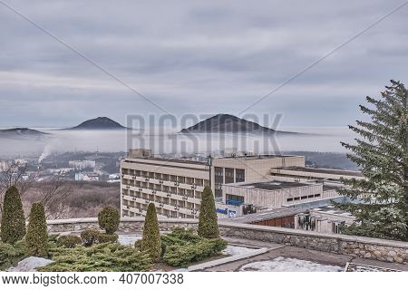 Zheleznovodsk, Russia - January 28, 2021: Winter Landscape. View Of The Building Of The Gorny Air Or