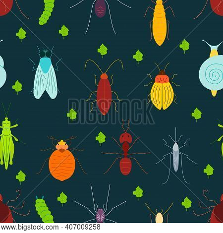 Seamless Pattern Of Pest Insects And Damaged Leaves On Dark Background. Parasitic Beetle Concept. Pe