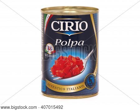 Bucharest, Romania - February 14, 2017. Can Of Cirio Polpa, Chopped Tomatoes Isolated On White