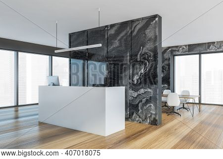 Empty Office, Reception Desk With Computer And Marbel Wall. Panoramic Window, Meeting Conference Roo