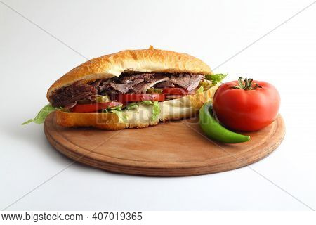 Turkish Doner Kebab Sandwich Isolated On White Background.