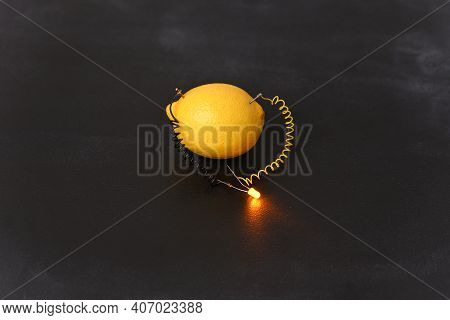 Free Energy Electricity Generator Using Lemon, Close Up.