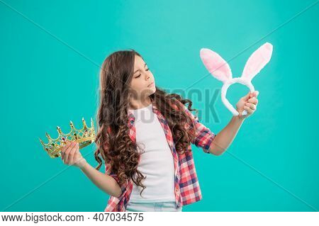 Child Choose Between Crown And Bunny Ears. Selfish Teenager Girl. Easter Bunny Hunt. Being Egoistic.