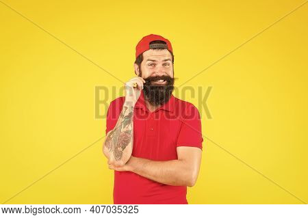 Grow Moustache That You Are Proud Of. Happy Hipster Twirl Moustache. Brutal Guy Wear Long Beard And 