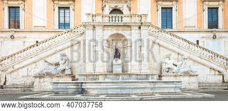 Rome, Italy. View Of The Staircase Of The Palazzo Senatorio, A Renaissance Masterpiece. Its Double R