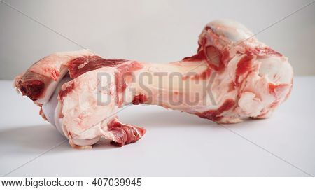 Close-up Large Raw Bone Of Big Animal Cow Or Pig On White Background. Bone For Cooking Broth. Food F