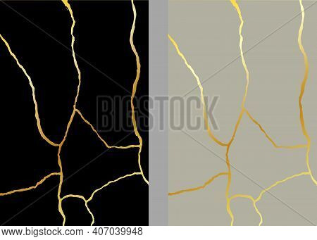 Gold Kintsugi Vector Texture. Broken Ceramic Background. Kintsugi Crack Vector Illustration.