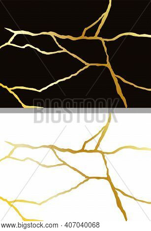 Gold Kintsugi Vector Texture. Broken Ceramic Background. Kintsugi Crack Vector Illustration.