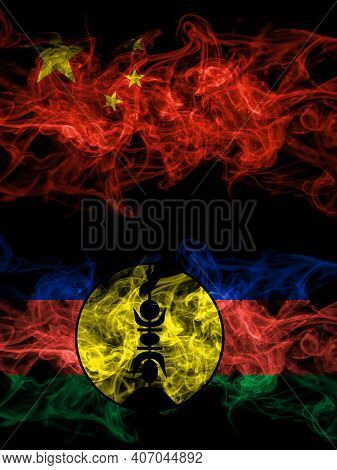 China, Chinese Vs France, French, Flnks Smoky Mystic Flags Placed Side By Side. Thick Colored Silky 