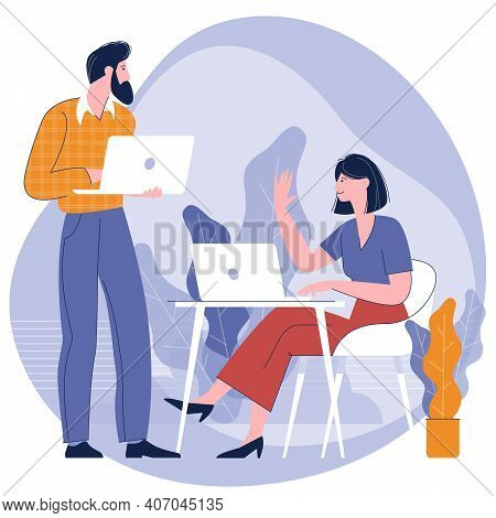 Young People, Man And Woman Taking Part In Business Meeting, Negotiation, Talking To Each Other In T