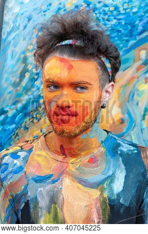 Timisoara, Romania - March 31, 2017: Man Painted And Fitted In A Painting At The Checkart Carnaval