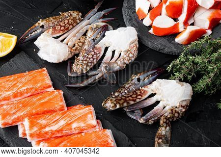 Fresh Raw Blue Swimming Crab Ocean Gourme Parts Set, On Black Background