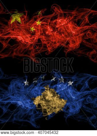 China, Chinese Vs Kosovo, Kosovar Smoky Mystic Flags Placed Side By Side. Thick Colored Silky Abstra
