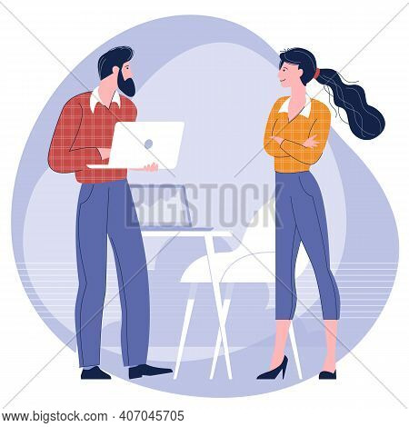 Young People, Man And Woman Taking Part In Business Meeting, Negotiation, Talking To Each Other In T
